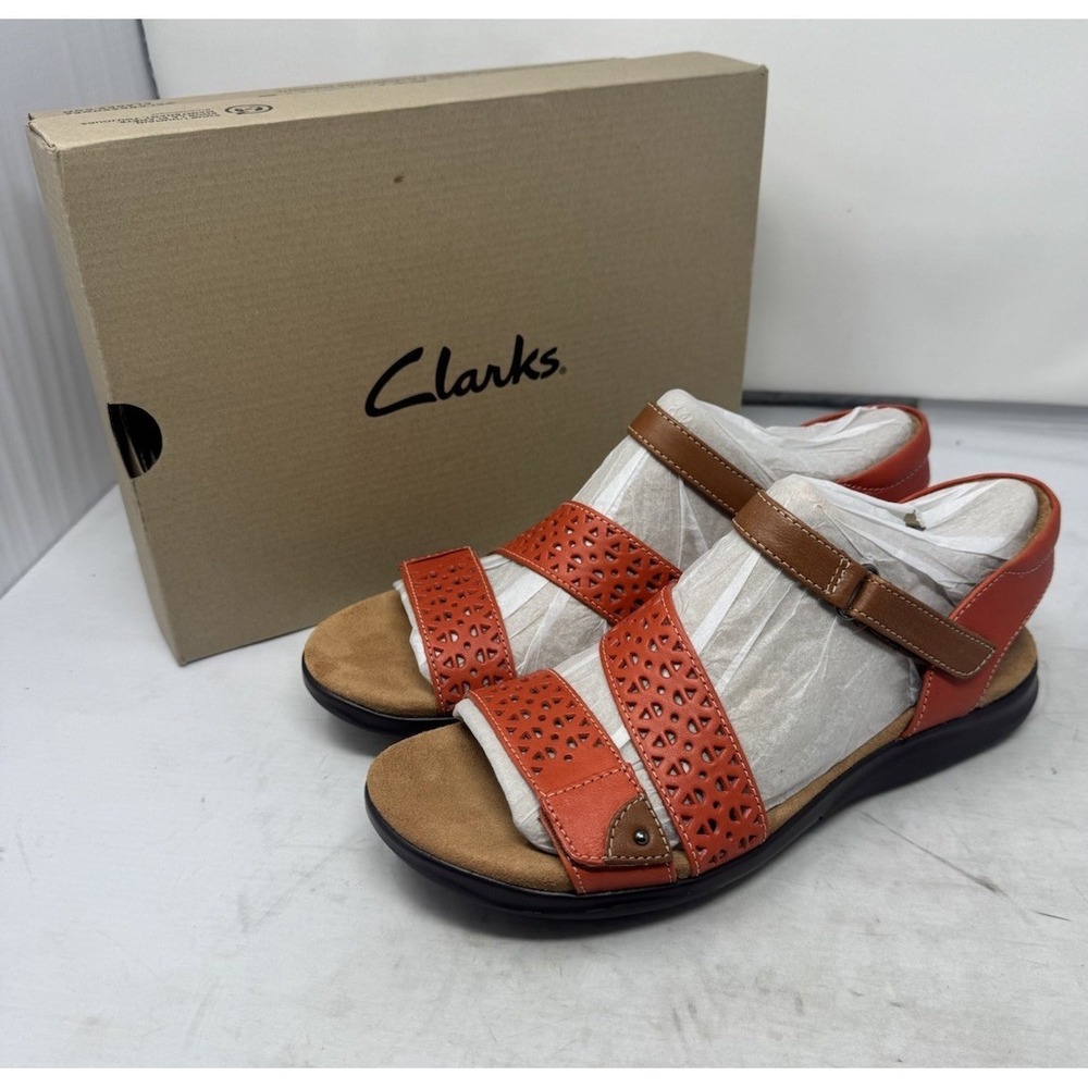 🔥Clarks Kitly Way 🧡Orange Coral Grenadine‎ Leather Sandals  Size 8.5 M NIB - Picture 3 of 6